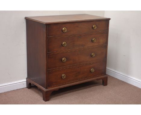 George III mahogany chest fitted with four graduating oak sided drawers, crossbanded top, brass plate handles, raised on brac