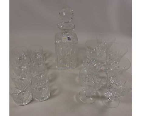 Set of seven Stuart cut crystal wine goblets, eight small tumblers and matching decanter  Condition Report Click here for fur