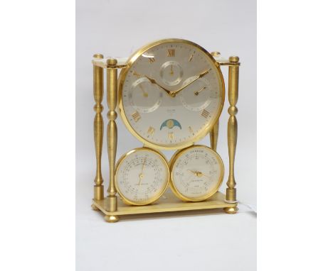 Imexal gilt brass horological clock with subsidiary month day date dials and moonphase above thermometer & barometer H20cm  C