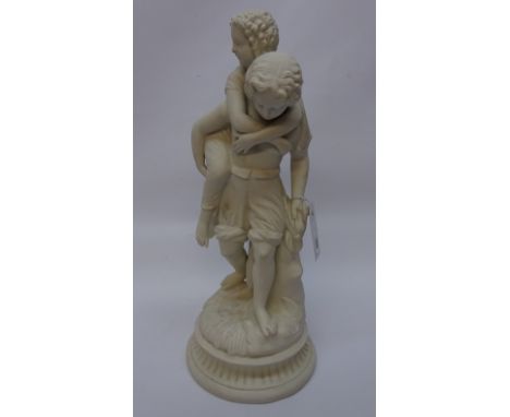Parian ware model of a young girl carrying a child over a stream on circular base H42cm Condition Report Possibly 20th centur