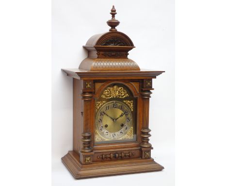20th century walnut architectural cased bracket clock, movement stamped 'Junghans'   CLOCKS & BAROMETERS - as we are not a re