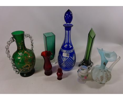 Cut glass decanter with blue overlay, a Whitefriars type oblong vase and other coloured glass ware (8) Condition Report Click