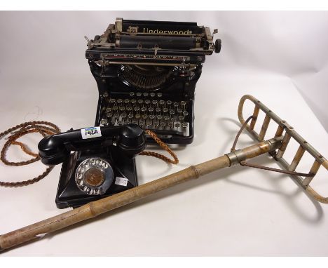 Early 20th Century 'Underwood' typewriter, Vintage telephone and a early 20th century bamboo shooting stick (3)  Condition Re