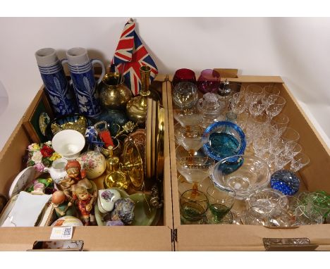 Three Hummel figures, sets of six Stuart cut crystal glasses, paperweight, brassware, Royal Crown Derby pin dish and miscella