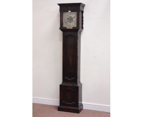 Early 20th century oak longcase clock, chiming movement, barley twist pilasters and carved frieze, silver presentation plaque