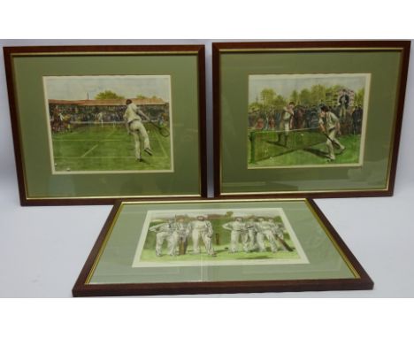 Playing Tennis, pair colour prints after Arthur Hopkins 24cm x 31cm, 'Cricket Group of Crack Gentleman Players', colour print