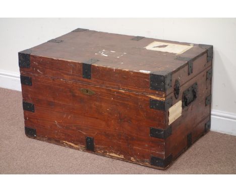 Large metal bound stained pine trunk, W86cm Condition Report Click here for further images, condition, auction times & delive