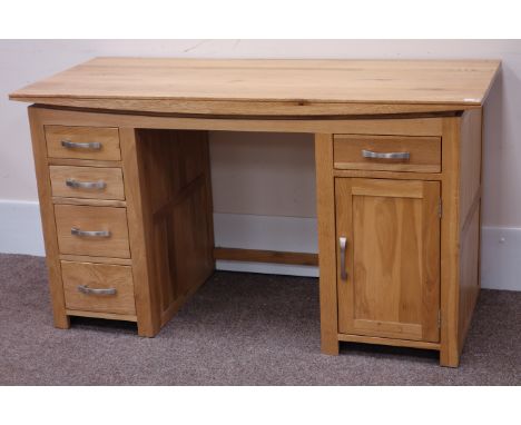 Light oak twin pedestal desk fitted with five drawers and cupboard, 150cm, H78cm, D60cm Condition Report Click here for furth