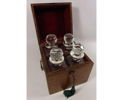 Edwardian oak decanter box containing four cut glass decanters with later silver collars H27cm Condition Report Click here fo