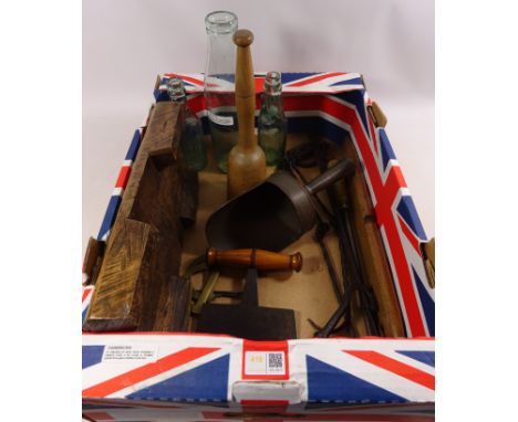 A collection of rustic items including a balance scale a tin scoop a chopper pestle three glass bottles in one box  Condition