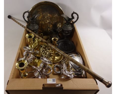 Brass candle sticks, silver plated wall pocket, snake skin effect walking stick with silver hilt, other brass and metalware i