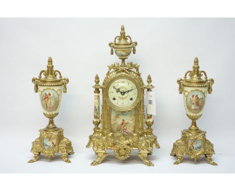 French gilt metal three piece clock garniture, with Sevres style porcelain panels  CLOCKS & BAROMETERS - as we are not a reta