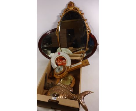 Aneroid barometer dated 1951 copper model of a Snapper turned wooden bowl and two wall mirrors etc Condition Report Click her