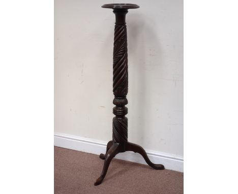 Mahogany rope twist jardiniere stand, carved detail, raised on tripod splayed legs, H125cn Condition Report Click here for fu