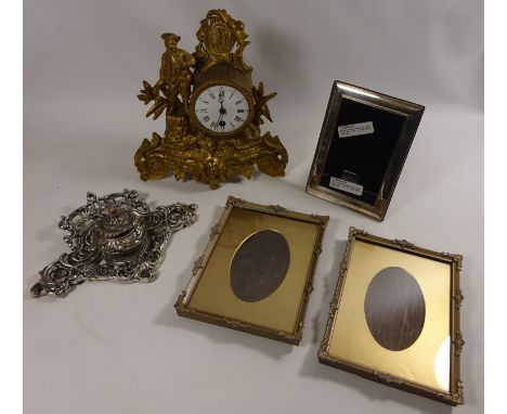 Gilt metal clock, Inkwell, silver photo frame and a pair of metal photo frames (5) Condition Report Click here for further im