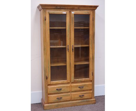 Light wood cabinet with display doors, fitted with four drawers, W100cm, H175cm, D36cm Condition Report Click here for furthe