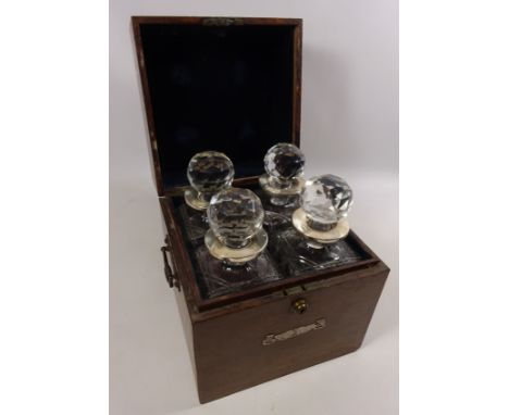 Edwardian oak decanter box with silver crest containing four cut glass decanters with later silver collars H25cm Condition Re