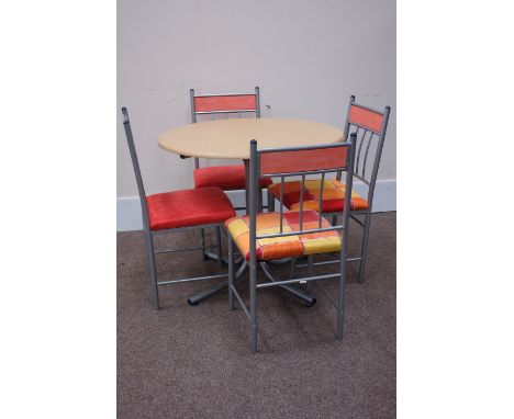 Circular light wood finish table (D89cm, H77cm), and four chairs Condition Report Click here for further images, condition, a