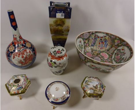 20th Century Imari pattern bottle vase, large hand painted Noritake vase H31cm, other Noritake and oriental items (7) Conditi