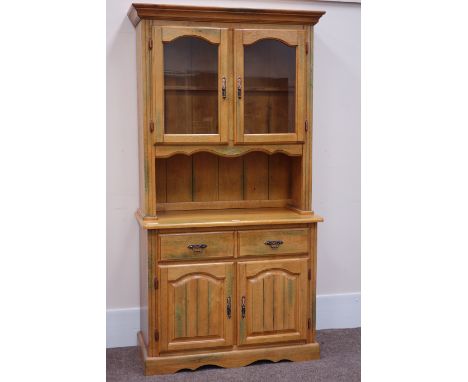 Light wood display cabinet enclosed by two glazed doors, above two drawers and double cupboard, W101cm, H187cm, D46cm Conditi