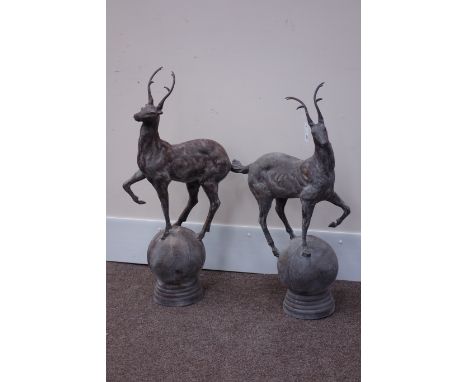 Pair cast metal garden stags on spherical mounts, figures/gate post finials, H91cm Condition Report Click here for further im