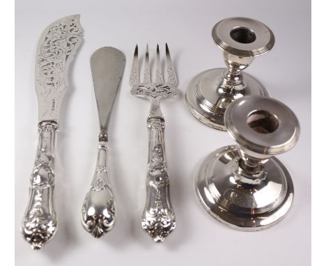 Pair of silver fish servers by Henry Wilkinson & Co Sheffield 1878, pair of dwarf silver candlesticks and a shoe horn with ha