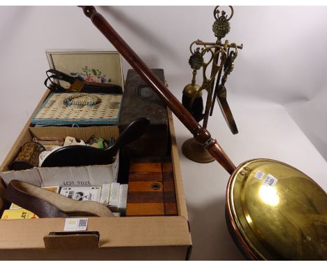 19th Century tea caddy, collection of playing cards, 19th Century warming pan, companion set and miscellanea in one box  Cond