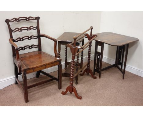 19th century mahogany Chippendale type chair with hinged commode seat, barley twist towel rail, oak barley twist table and be