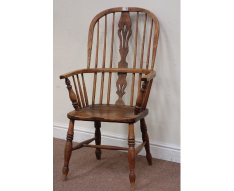 19th century ash and elm Windsor armchair, stick and beech splat back, 'H' stretcher base Condition Report Click here for fur