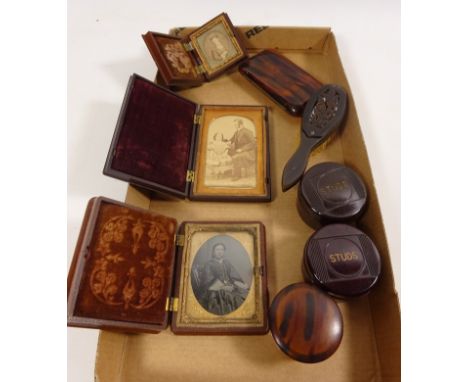 Three Victorian photographs in frames two Bakelite stud boxes a pocket combination brush, mirror & comb etc (8) Condition Rep