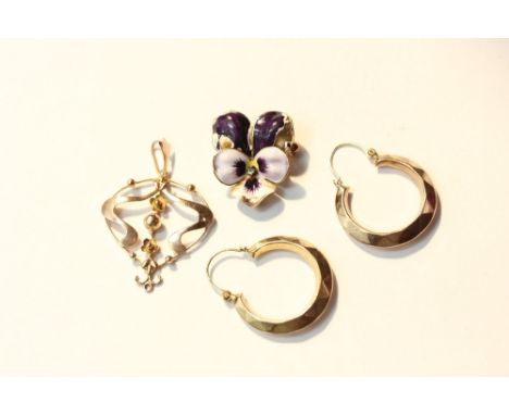 A 9ct gold Art Nouveau pendant and a pair of hoop earrings; an enamel floral brooch