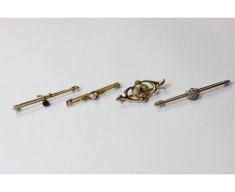 A five stone diamond bar brooch; two sapphire bar brooches; a pearl bar brooch