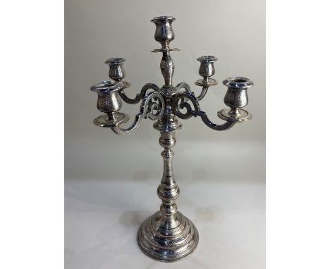 A silver plated five light candelabrum on baluster stem and circular base, (a/f)
