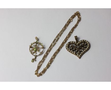 A seed pearl set pierced pendant on 9ct curb link chain, 8g; a pearl and gem set pendant&nbsp;
