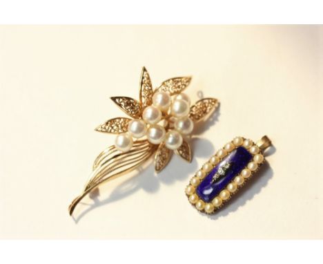 A cultured pearl nine bead brooch in a 9ct gold filigree mount; a diamond set blue enamel pendant with split pearl border (al