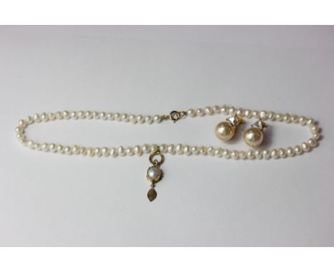 A freshwater pearl necklace with 9ct gold clasp; a pair of imitation pearl ear clips