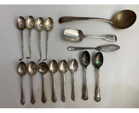 A George III silver Old English pattern sauce ladle, maker IB, London 1789, together with a matched set of six silver coffee 