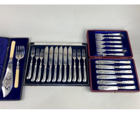 A cased set of six George V silver fish knives and forks, makers Vander &amp; Hedges, London 1927, with silver blades and tin