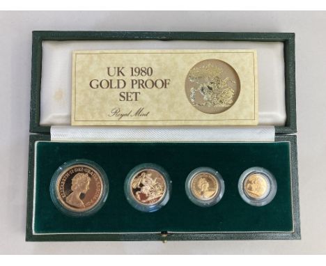 An Elizabeth II Royal Mint cased 1980 gold proof set of £5, £2, sovereign and half sovereign coins, with leaflet