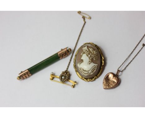 A shell cameo brooch; a gold heart locket; a gold mounted jade bar brooch; a seed pearl bar brooch 10.9g gross