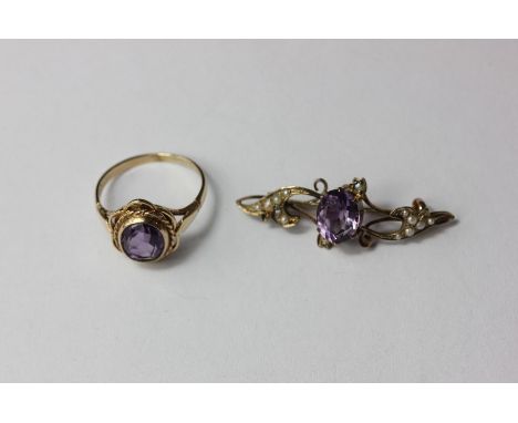 A 9ct gold and amethyst ring and an amethyst and pearl bar brooch