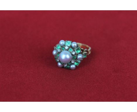 A pearl, rose diamond and emerald cluster ring