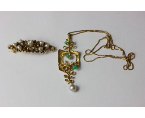 A pearl brooch in pierced gold mount with safety clip; another set with two green hardstone cabochons 24.1g gross