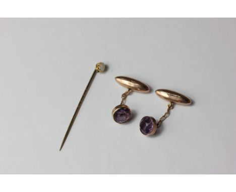 A pair of amethyst and 9ct gold cufflinks and an opal stick pin