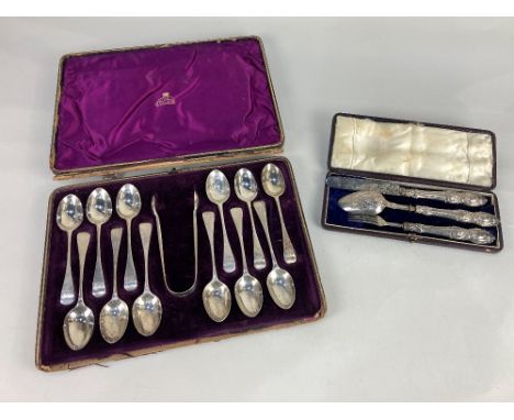 A cased set of twelve Victorian silver teaspoons and a pair of sugar tongs, maker Wakely &amp; Wheeler, London 1891, 7.2oz (c