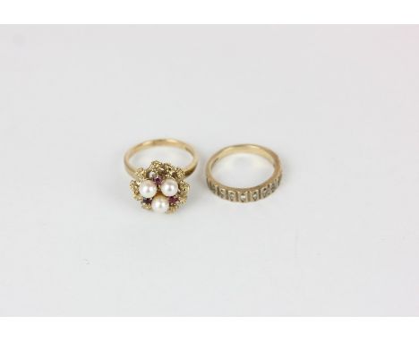 A ruby and cultured pearl and ruby ring in 9ct gold, a 9ct half hoop ring set with tiny round stones