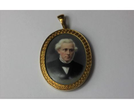 A 19th century oval portrait miniature of a gentleman in yellow metal frame (a/f)