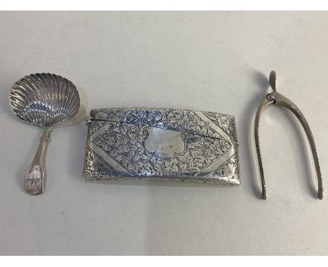 A George III silver Fiddle pattern caddy spoon, with shell shaped bowl, maker Francis Clark, Birmingham 1828, a pair of silve