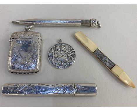 A Victorian silver vesta case, maker T H Hazlewood &amp; Co, Birmingham 1899, a sterling silver propelling pencil (a/f), a si