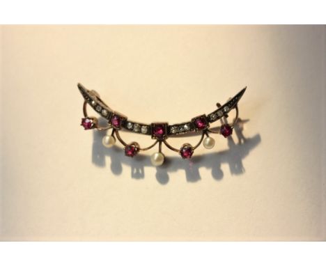 A ruby, diamond and pearl crescent bar brooch